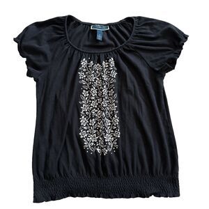 Karen‎ Scott Blouse Black Floral Embroidered Short Sleeve Peasant Boho Hippie M